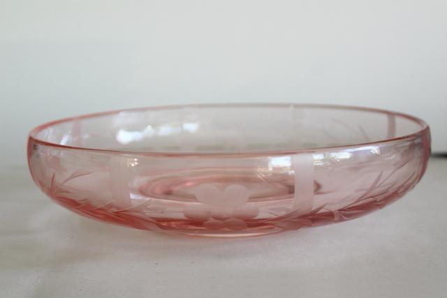 photo of vintage Lotus glass blush pink depression glass console bowl, bars & flowers etch cut #2