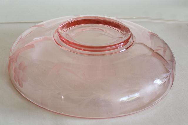 photo of vintage Lotus glass blush pink depression glass console bowl, bars & flowers etch cut #3