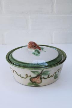catalog photo of vintage Louisville pottery, Harvest pear hand painted stoneware casserole, John B Taylor ceramics