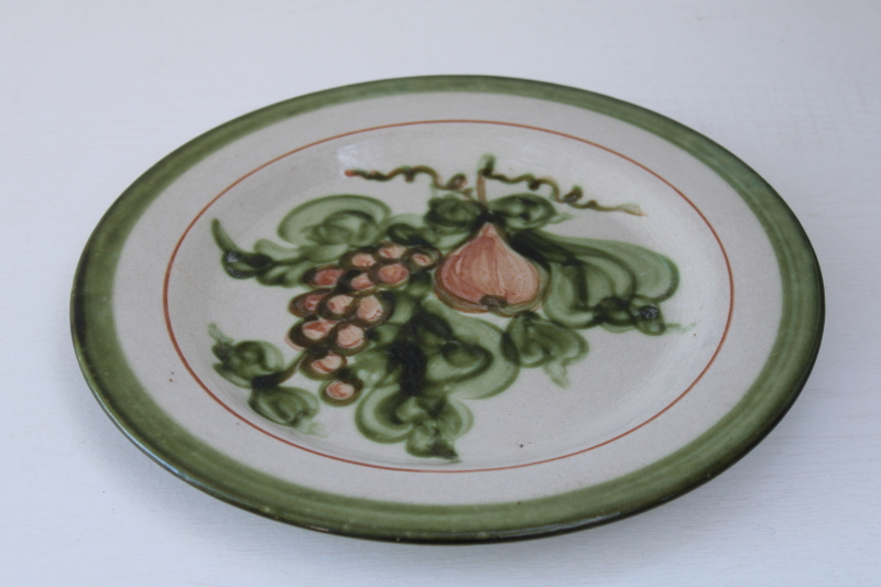 photo of vintage Louisville pottery, Harvest pear hand painted stoneware dinner plate, John B Taylor back stamp #1