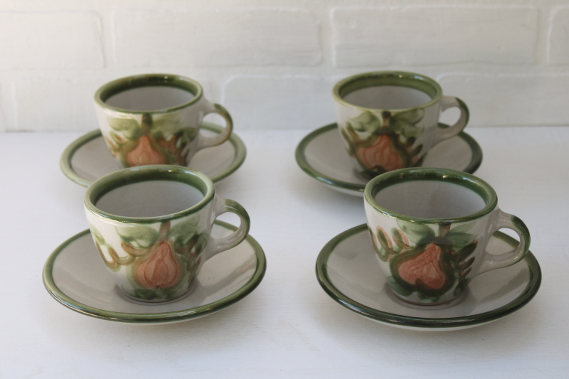photo of vintage Louisville stoneware, Harvest pear hand painted pottery, four cup and saucer sets #1