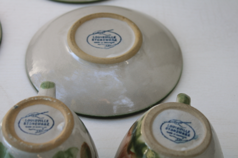 photo of vintage Louisville stoneware, Harvest pear hand painted pottery, four cup and saucer sets #4