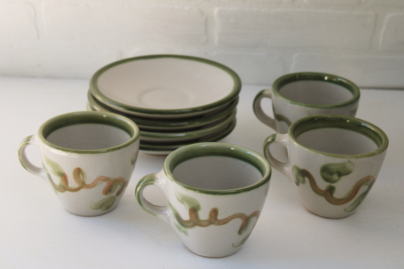 photo of vintage Louisville stoneware, Harvest pear hand painted pottery, four cup and saucer sets #5
