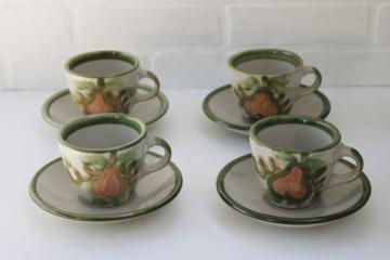 photo of vintage Louisville stoneware, Harvest pear hand painted pottery, four cup and saucer sets