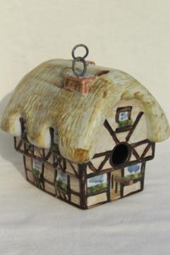 catalog photo of vintage Louisville stoneware pottery birdhouse, English Tudor cottage thatched roof 