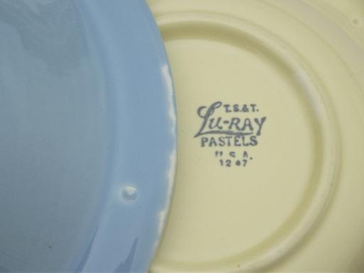 photo of vintage Lu-Ray pastels pottery, blue & yellow vegetable serving bowls #6