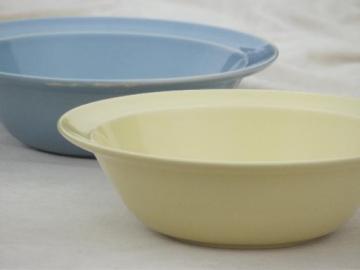 catalog photo of vintage Lu-Ray pastels pottery, blue & yellow vegetable serving bowls