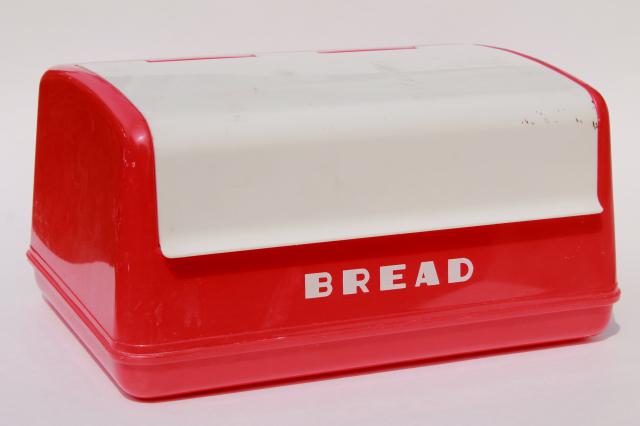 photo of vintage LustroWare bread box in cherry red & white plastic, 50s Lustro Ware breadbox #1