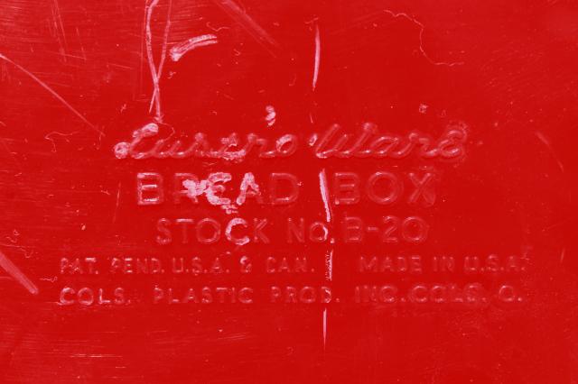 photo of vintage LustroWare bread box in cherry red & white plastic, 50s Lustro Ware breadbox #2