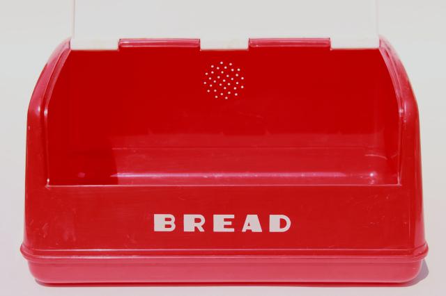 photo of vintage LustroWare bread box in cherry red & white plastic, 50s Lustro Ware breadbox #3