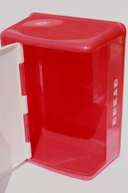 photo of vintage LustroWare bread box in cherry red & white plastic, 50s Lustro Ware breadbox #4