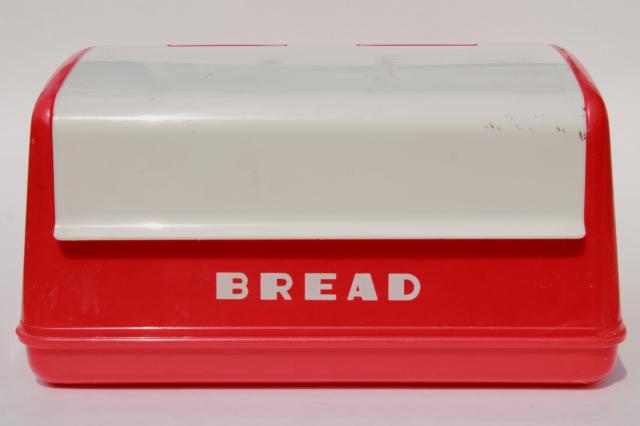 photo of vintage LustroWare bread box in cherry red & white plastic, 50s Lustro Ware breadbox #5