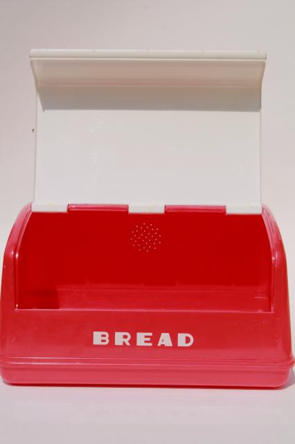 photo of vintage LustroWare bread box in cherry red & white plastic, 50s Lustro Ware breadbox #7