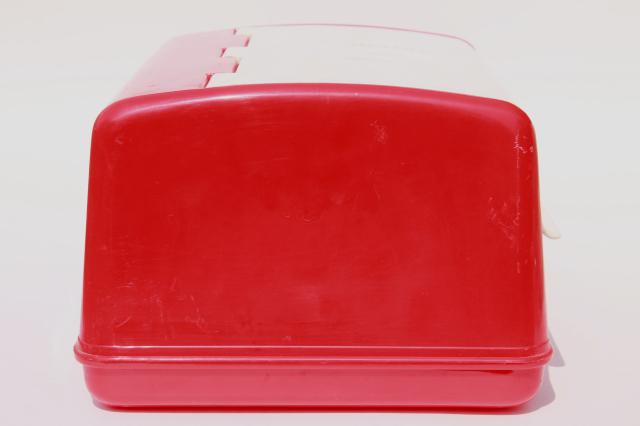 photo of vintage LustroWare bread box in cherry red & white plastic, 50s Lustro Ware breadbox #9