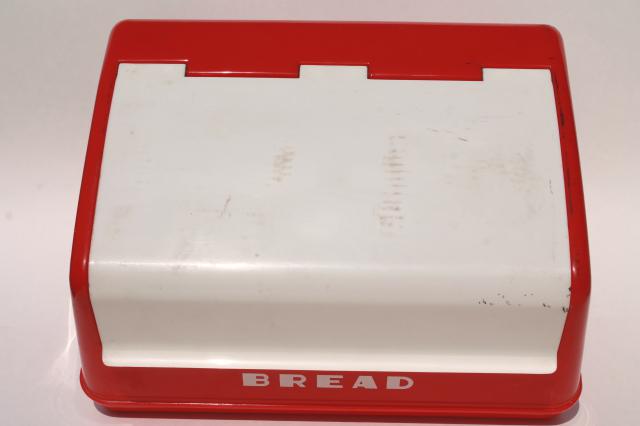 photo of vintage LustroWare bread box in cherry red & white plastic, 50s Lustro Ware breadbox #10