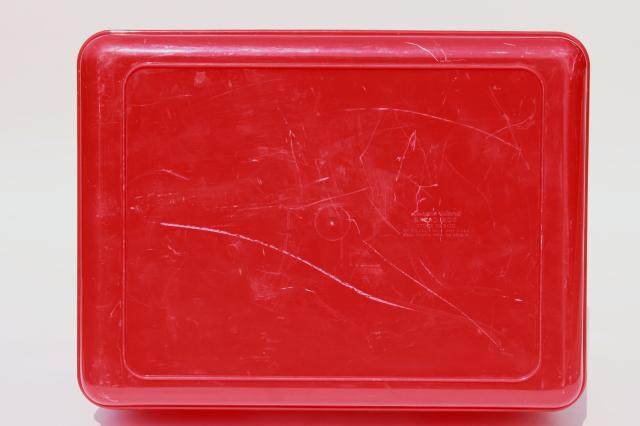 photo of vintage LustroWare bread box in cherry red & white plastic, 50s Lustro Ware breadbox #12