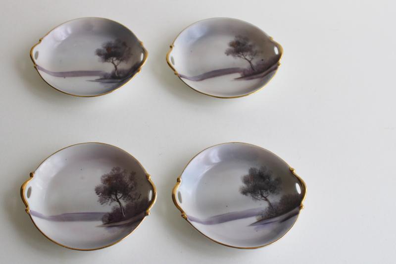photo of vintage M mark Noritake hand painted china tiny plates, grey monochrome tree on lake scene #1