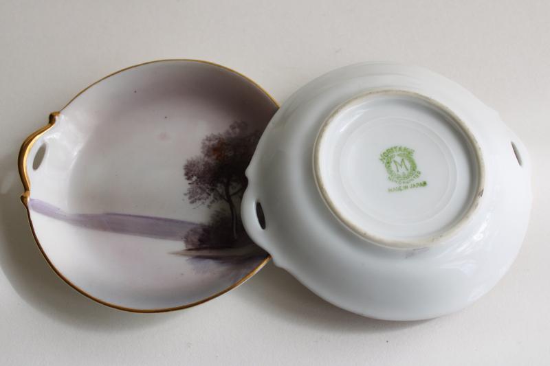 photo of vintage M mark Noritake hand painted china tiny plates, grey monochrome tree on lake scene #3