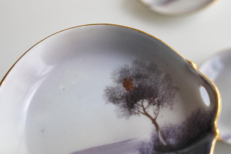 photo of vintage M mark Noritake hand painted china tiny plates, grey monochrome tree on lake scene #4
