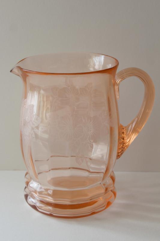 photo of vintage MacBeth Evans dogwood pattern pink depression glass pitcher ribbed handle #1