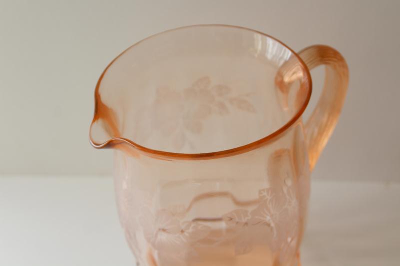 photo of vintage MacBeth Evans dogwood pattern pink depression glass pitcher ribbed handle #2
