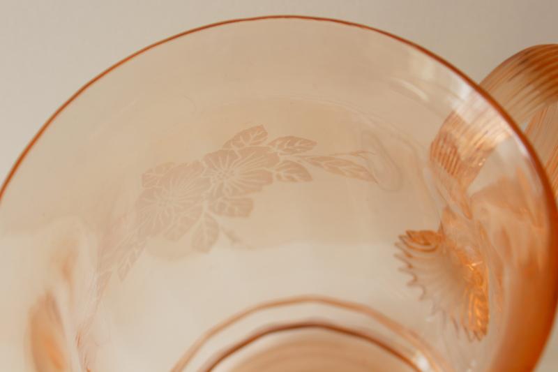 photo of vintage MacBeth Evans dogwood pattern pink depression glass pitcher ribbed handle #3