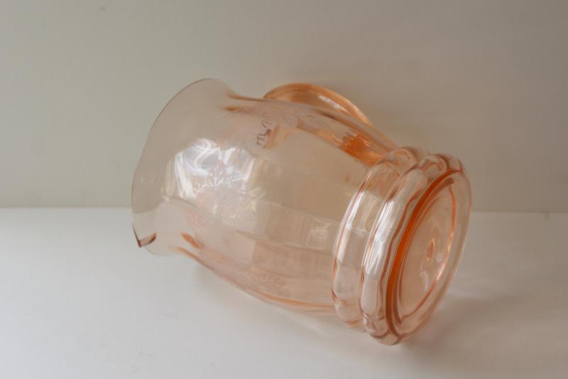 photo of vintage MacBeth Evans dogwood pattern pink depression glass pitcher ribbed handle #4