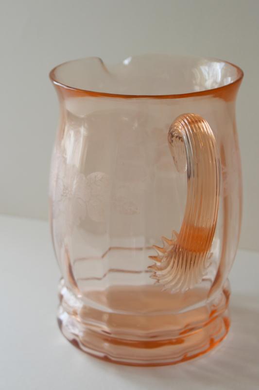 photo of vintage MacBeth Evans dogwood pattern pink depression glass pitcher ribbed handle #5