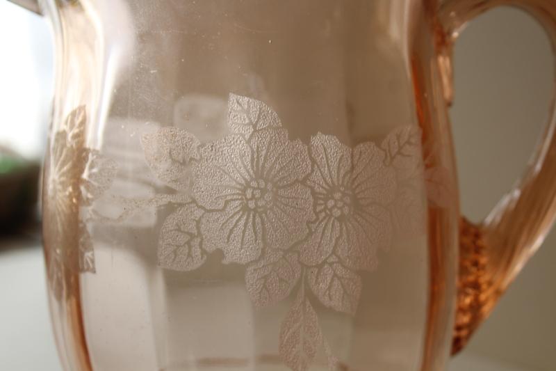 photo of vintage MacBeth Evans dogwood pattern pink depression glass pitcher ribbed handle #6