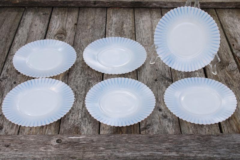 photo of vintage Macbeth Evans Monax petalware white opalescent depression glass cake plates #1