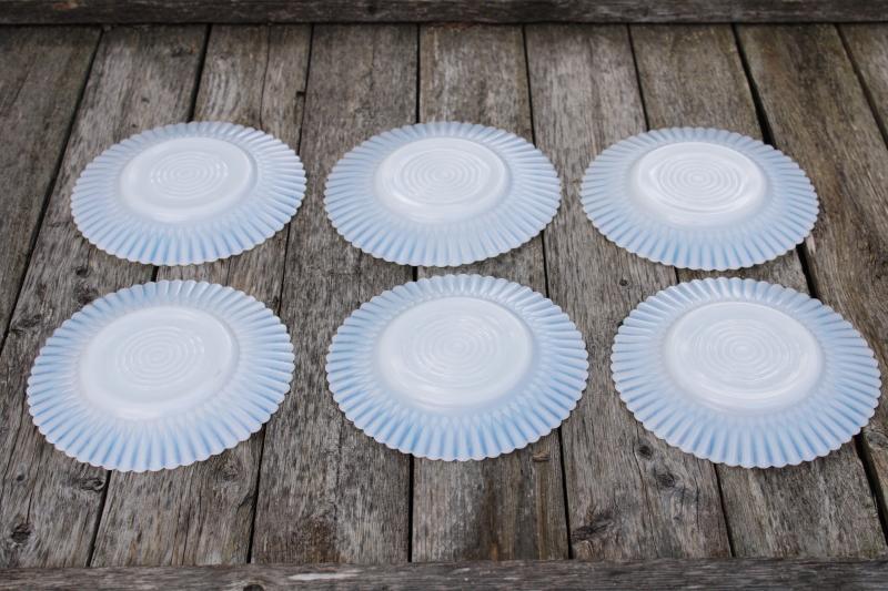 photo of vintage Macbeth Evans Monax petalware white opalescent depression glass cake plates #3