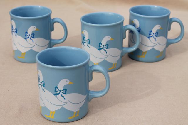 photo of vintage Made in England pottery mugs, country geese on blue coffee cups set  #1