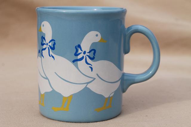 photo of vintage Made in England pottery mugs, country geese on blue coffee cups set  #2