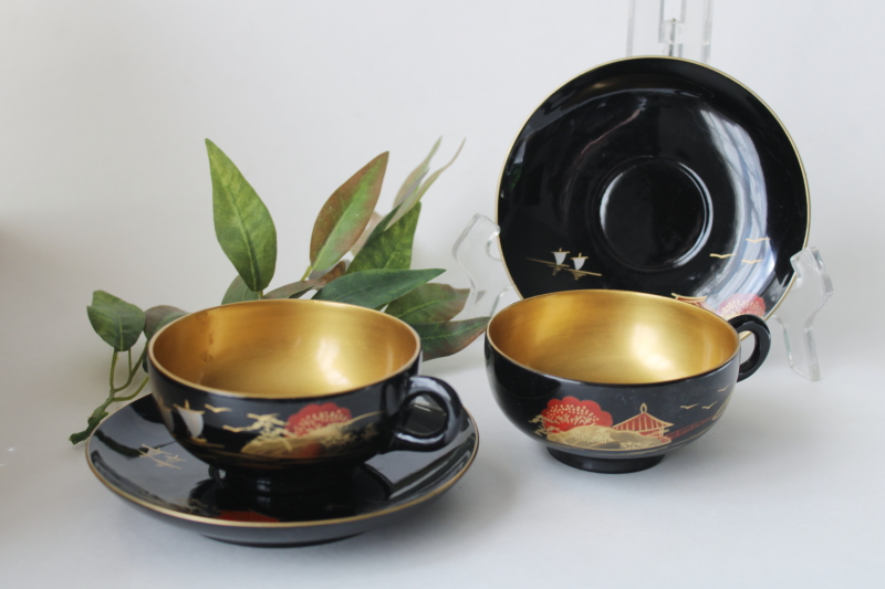 photo of vintage Made in Japan black lacquerware tea cups & saucers, hand painted metallic gold  #1