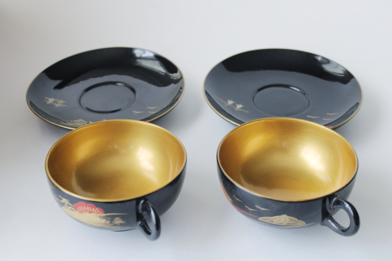 photo of vintage Made in Japan black lacquerware tea cups & saucers, hand painted metallic gold  #2