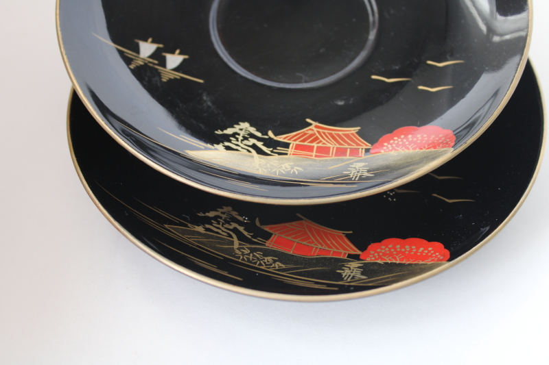 photo of vintage Made in Japan black lacquerware tea cups & saucers, hand painted metallic gold  #3