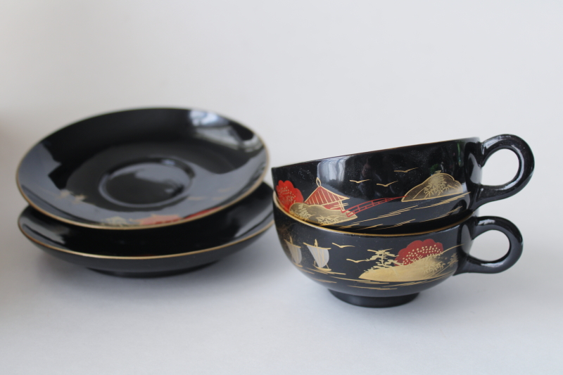 photo of vintage Made in Japan black lacquerware tea cups & saucers, hand painted metallic gold  #4