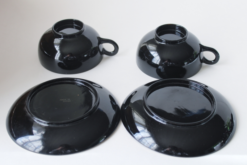 photo of vintage Made in Japan black lacquerware tea cups & saucers, hand painted metallic gold  #5