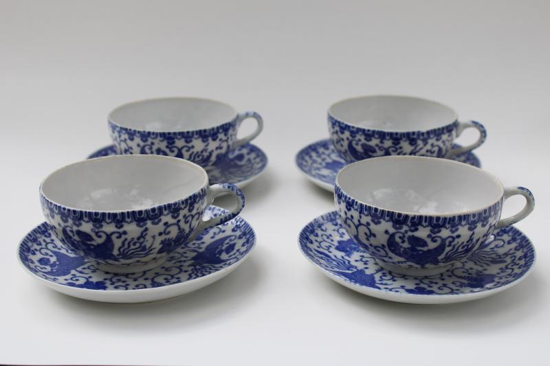 photo of vintage Made in Japan blue & white china cups and saucers, flying turkey phoenix ware #1