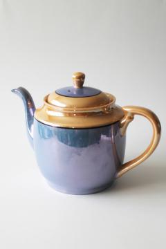 catalog photo of vintage Made in Japan luster ware china teapot, hand painted blue & peach lustre