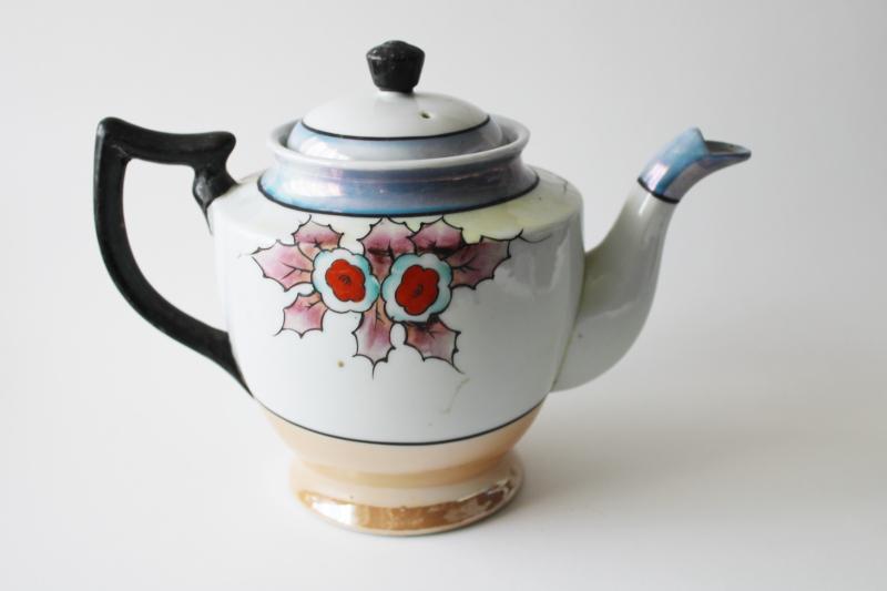 photo of vintage Made in Japan luster ware china teapot, hand painted lustre floral #1