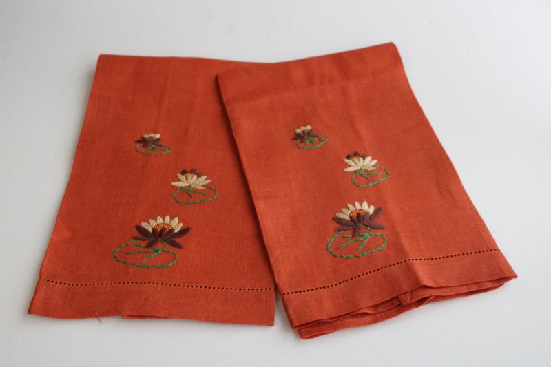 photo of vintage Madeira hand embroidered linen guest towels w/ hemstitching, pretty fall colors #1