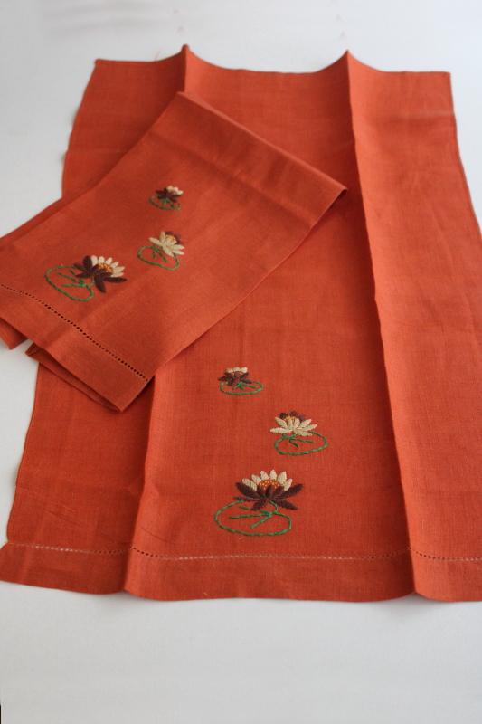 photo of vintage Madeira hand embroidered linen guest towels w/ hemstitching, pretty fall colors #3