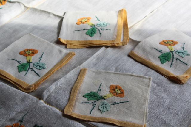 photo of vintage Madeira linen tea table cloth & napkins, hand stitched embroidery & applique flowers #3