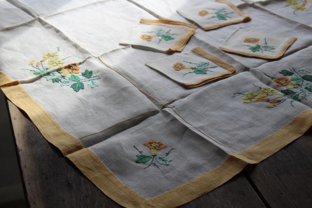 photo of vintage Madeira linen tea table cloth & napkins, hand stitched embroidery & applique flowers #8