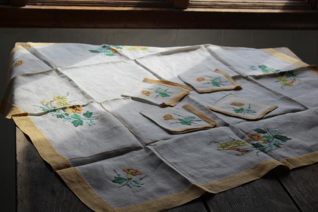 photo of vintage Madeira linen tea table cloth & napkins, hand stitched embroidery & applique flowers #9