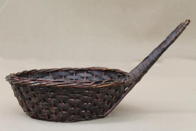 photo of vintage Madeira wicker basket, primitive scoop shape round bowl w/ handle #1