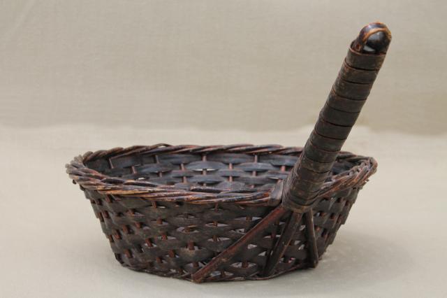 photo of vintage Madeira wicker basket, primitive scoop shape round bowl w/ handle #4