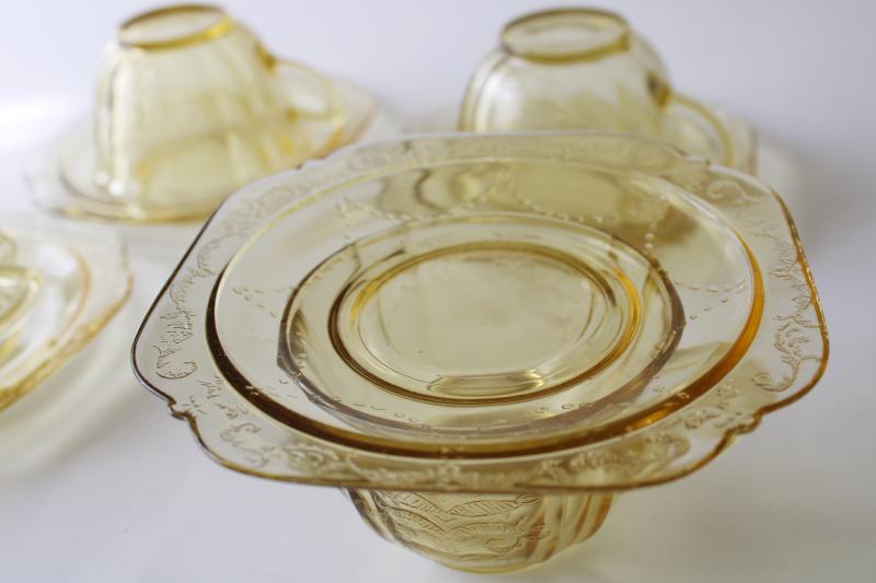 photo of vintage Madrid pattern amber depression glass cups & saucers set for 4 #3