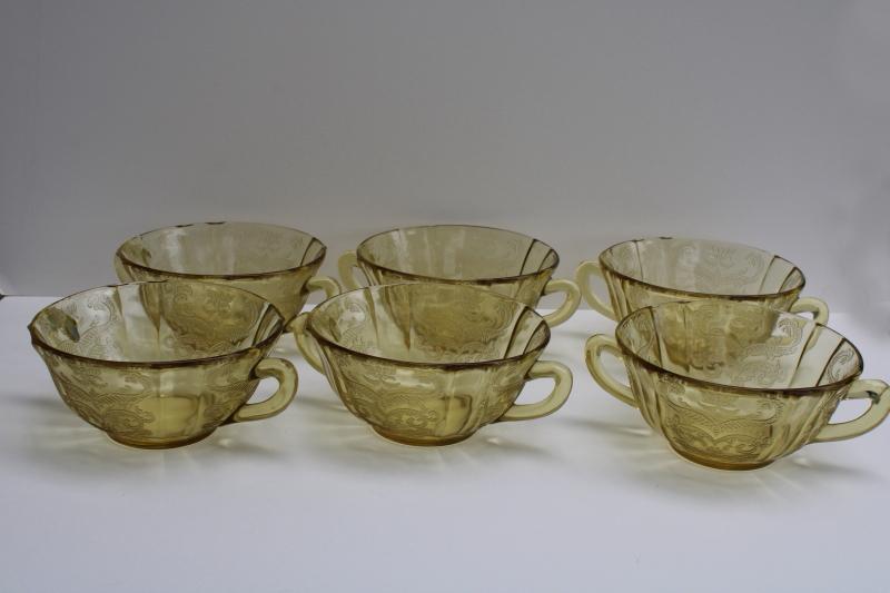 photo of vintage Madrid pattern yellow depression glass bowls, cream soup double handle cups #1
